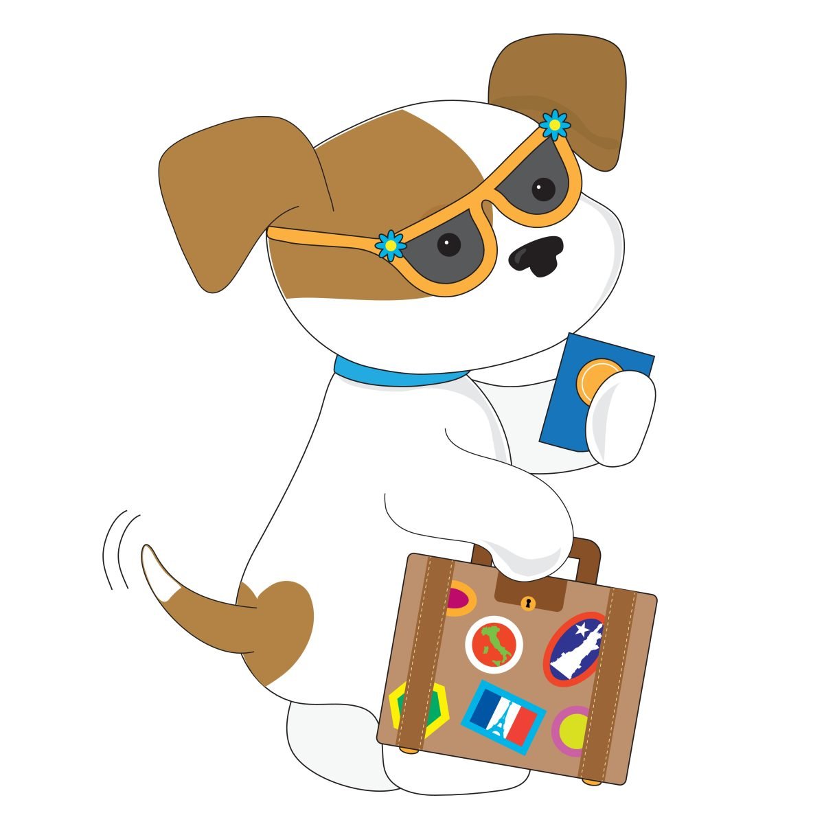 Cute traveling puppy wearing sunglasses and holding passport and suitcase