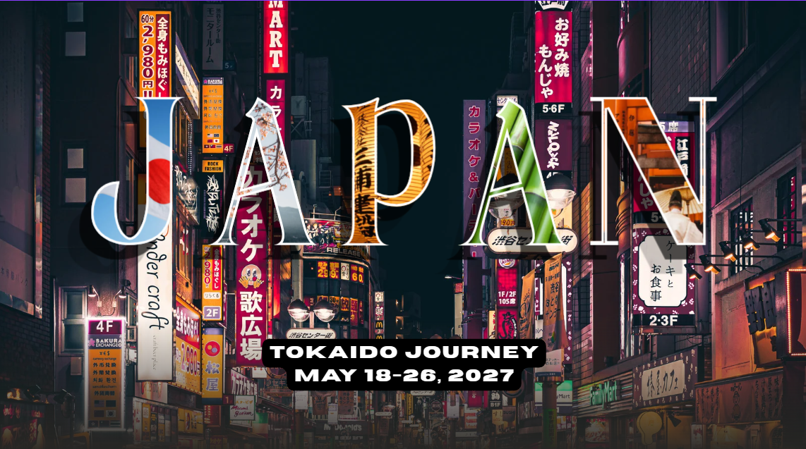 Japan in large capital letter across a background of Tokyo at night.